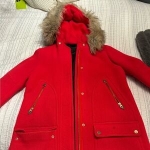 Fur hooded red J Crew coat (Stadium Cloth)